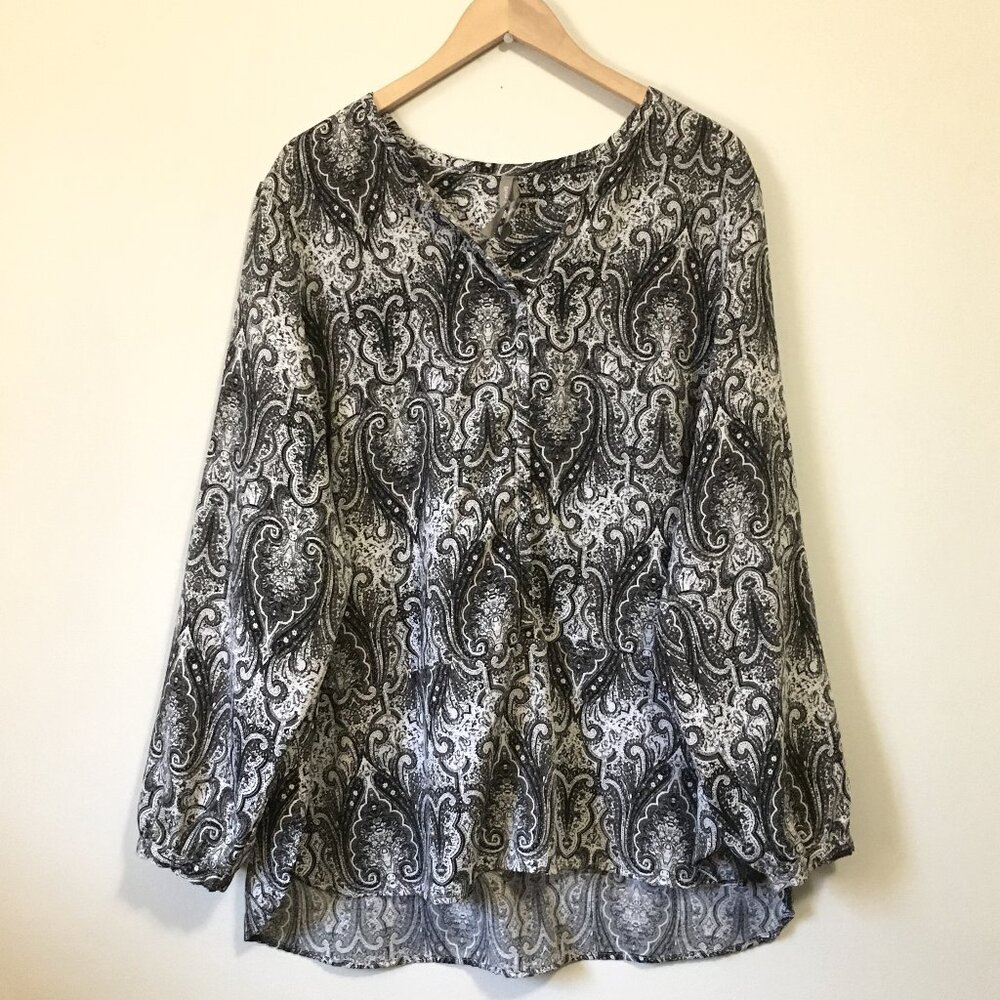 Whimsigoth Monotone Penningtons Paisley Print Tunic Blouse Black White - 2XL